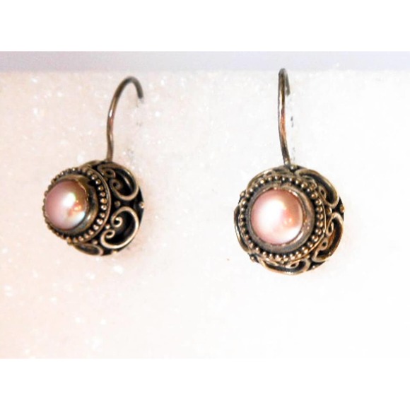 Vintage Sterling Silver Round Pearl Drop Earrings , Cultured Pearls - Picture 2 of 5